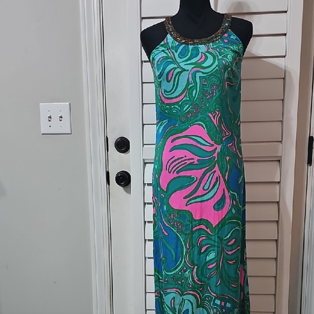 Lilly Pulitzer Green and Pink Patterned Maxi Dress